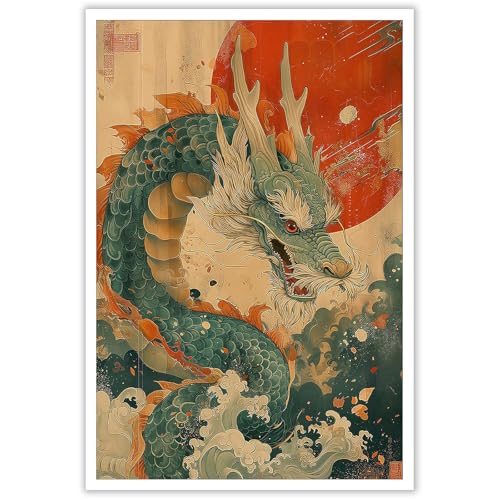 Funky Japanese Dragon Poster Oriental Mythical Beast Canvas Wall Art Azure Dragon Playing With Water Prints Painting For Home Bedroom Living Room Office Wall Decor 12x16in Unframed