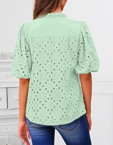 BETTE BOUTIK Women's Long Short Sleeve Tops 2025 Dressy Casual Button Hollow Out Lace Embroidered Blouses Shirts