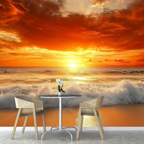 Murales Papel Pintado Salon Puesta Sol Mar, 450×315cm Fotomurales 3D tela de seda Papel Tapiz， Paisaje Natural Fotográfico Decorativos Murales Dormitorio Oficina Hotel