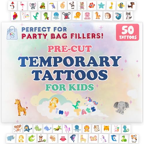 Party Bag Fillers for Kids Temporary Tattoos 50 Pack | Kids Party Bag Fillers Boys Girls Unisex | Pre-Cut Ready to Use | Birthday Party Favours | Age 2-9