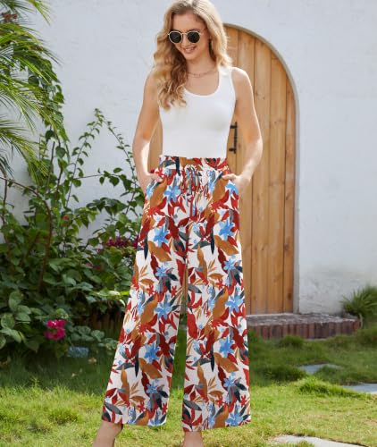 CZYINXIAN Women's Casual High Waisted Wide Leg Pants Adjustable Tie Knot Flowy Dress Pants with Pockets(Maple Leaf, X-Large) — view 3