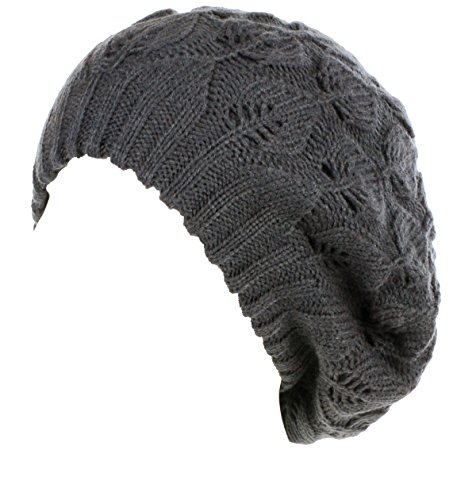 BYOS Winter Chic Warm Double Layer Leafy Cutout Crochet Knit Slouchy Beret Beanie Hat (Charcoal Gray Leafy)