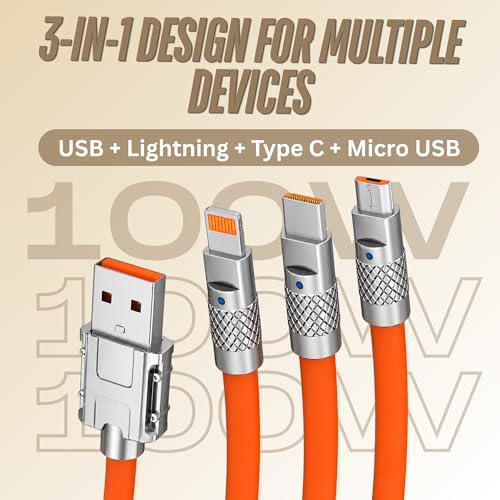 Image of Umake 100w Multi Device Fast Charging Cable 3-in-1, USB to Type-C, ios & Micro USB, High-Speed Charging and Data Transfer, Strong Metal Connector Design, 1M Orange