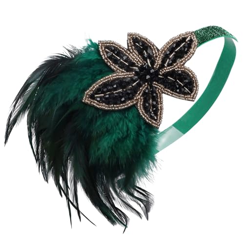 LOWOSAIWOR 1920S Headband For Women Feather 20s Gatsby Headpiece Flapper Headband for Girl (Green Feather)