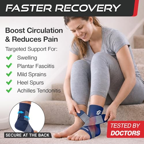 Image of Sleeve Stars Ankle Brace for Women & Men, Ankle Wrap for Sprained Ankle, Compression Sleeve for Plantar Fasciitis Relief, Easy Customizable Support: w /Removable Strap (Pair /M:10 inch-12 inch /Navy Blue)