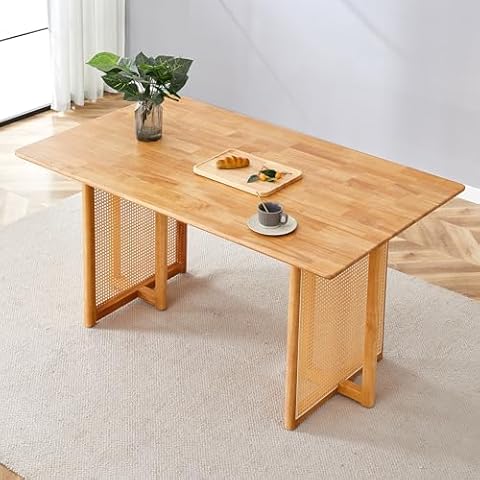 Chinese Country Vintage Solid Wood Dining Table, Simple Modern Imitation Rattan Dining Table, Wooden Dining Table, Desk. Suitable for Dining Room, Living Room, Cafe (Wood) Cover