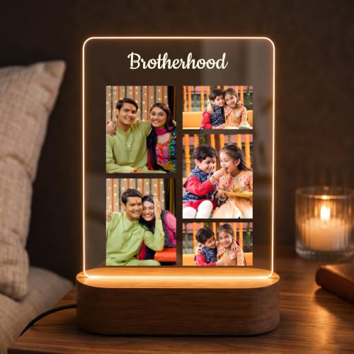 Image of Giftplease Personalized Photo Acrylic Night Light with Wooden Base - Custom Photo LED Desk Lamp - Engraved Brotherhood Picture Frame, Custom Keepsake Gift for Brother, Best Friend, Men, Birthday