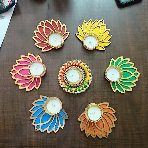 GIFT JAIPUR Wooden Multicolor Mix Lotus Chudi Diya Rangoli 7 Pc Smooth Scented Candles with Wax | Deepak for Home Temple Decorations On Diwali Dusshera Wedding Pooja New Year