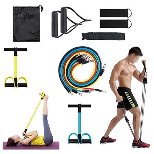Kit Elástico Extensor 11 Peças e Extensor Pedal Sit-up Fitness Pilates Malhar Em Casa CrossFit