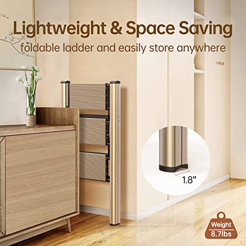 Foldable Step Ladder 3 Stepping Stool-Aluminium Kitchen Step Stools,Folding 330Lbs Lightweight Ladders With Anti-Slip Wide Pedal,Portable Kids/Adults Small Ladder For Library,Closet,Golden #TOP1