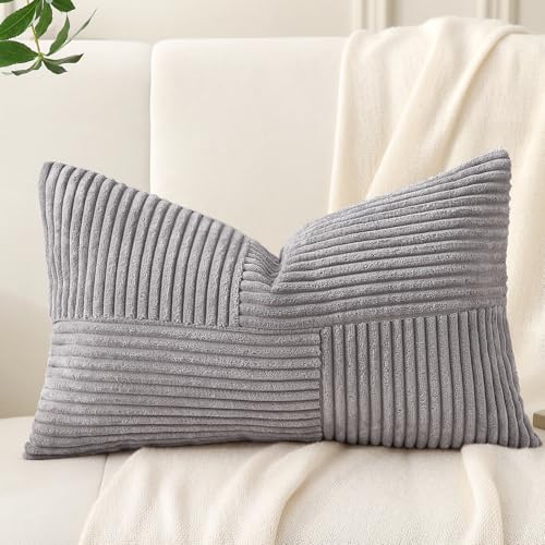 Housse coussin velours côtelé contre canapé terne lot 2 gris clair boho
