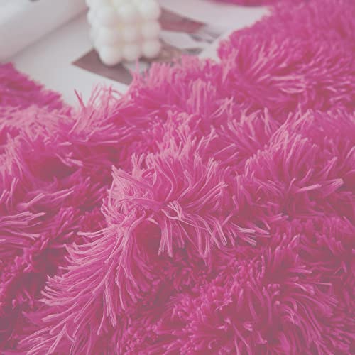 Memfydu Fluffy Duvet Cover Set, Hot Pink Plush Shaggy Velvet Comforter Cover Bedding Sets 4 Pcs (1 Faux Fur Duvet Cover + 2 Pillowcases + 1 Throw Pillow Cover), Zipper Closure (King,Hot Pink) #TOP4