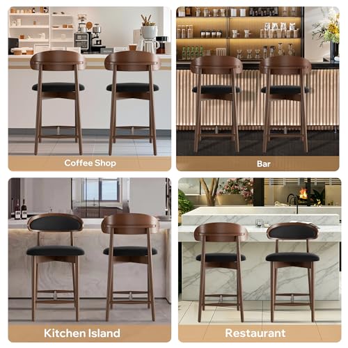 Image of Wooden Bar Stools Set of 2, Upholstered Counter Height Bar Stools, Mid Century Modern Counter Stools with Wood Legs for Kitchen Island, Black