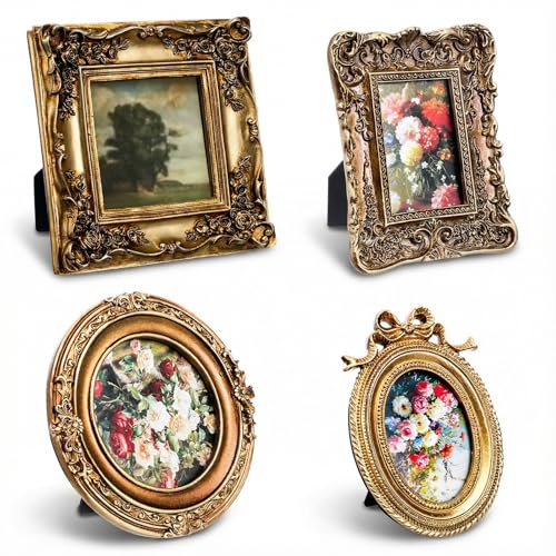 4 Pcs Small Vintage Gold Picture Frame - Round Rectangle