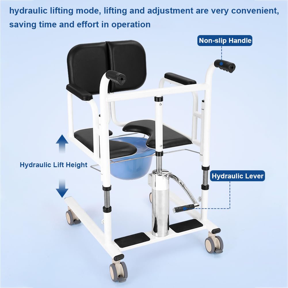 Gruas para Personas Mayores, Silla de Transferencia para Pacientes, Elevador de Pacientes con Ruedas, Asiento Hidráulico Ajustable con Orinal Portátil, Capacidad de Carga 150kg, Asiento Dividido 180°