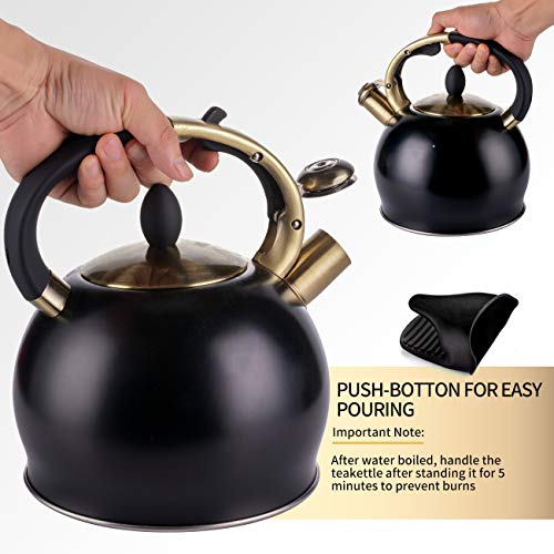 SUSTEAS Stove Top Whistling Tea Kettle-Surgical Stainless Steel Teakettle Teapot with Cool Toch Ergonomic Handle,1 Free Silicone Pinch Mitt Included,2.64 Quart(Retro Black) - Thumbnail 4