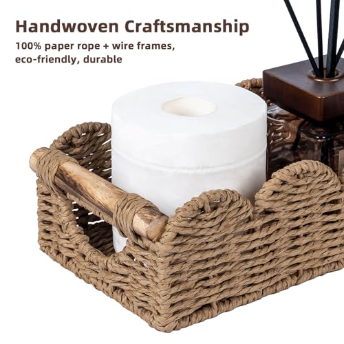 CubesLand Bathroom Basket Organizer w/Cut Out Handle, Back of Toilet Paper Storage Baskets Tray for Bathroom Countertop Decorative, Scalloped Wicker Basket Also for Home Decor, Living Room, Neutral by CubesLand - Image 3