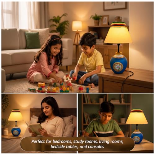 Image of Amazon Basics Warli Whispers Blue Table Lamp | Hand-Painted Blue Base with Cream Fabric Shade | E14 Holder | Decorative Night Lamp for Bedroom, Living Room & Study Room | Home Decor Gift
