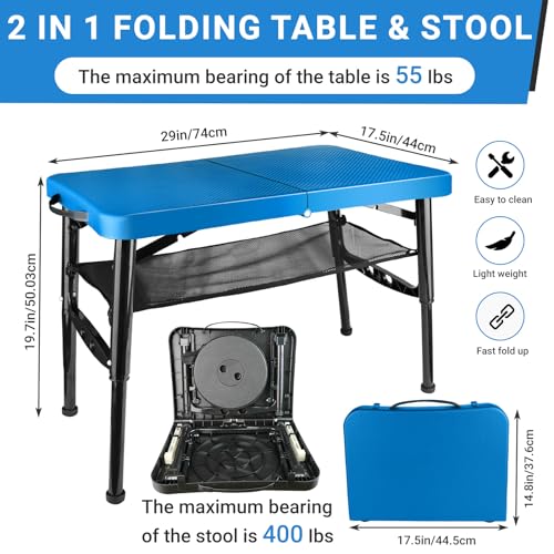 Image of Portable Folding Table and Stool Set, Lightweight Foldable Table & Collapsible Stool for Camping Picnic Beach Fishing, Sturdy Small Outdoor Table with Mesh Layer Storage- Blue