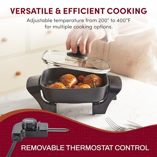 Elite Gourmet EG808 8” x 8" Non-stick Electric Skillet, Dishwasher Safe with Tempered Glass Vented Lid, Rapid Heat Up, 600W, Black - Image 6