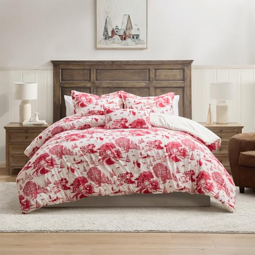 Hallmark Queen/Full Size 4-Piece Holiday Bedding Set | Festive, Cozy Comforter, 2 Shams, Decorative Pillow | Lightweight, Cozy Home Decor | Super Soft Microfiber Fabric | Wrinkle-Resistant | Red Toile