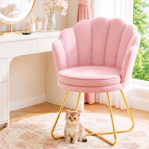 Hellove Chaise Coiffeuse, Chaise Coquillage Velours avec Pieds en Métal l'or, Fauteuil Salon Confortable, Fauteuil Lecture, Chair pour Salon, Chambre,...