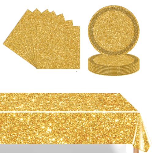POPOYU 37 Pezzi Stoviglie in Carta per Feste di Compleanno Oro,20 x Tovaglioli,16 x Piatti Piani di Carta,137x274cm la Tavola per Decorazioni Natalizie,Kit Festa Compleanno(16 Ospiti)