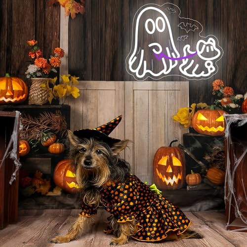 Image of Ghost Dog Neon Signs Halloween Neon Sign for Wall Decor Dimmable Ghost Neon Sign USB Powered Halloween Neon Window Sign Happy Halloween Neon Light for Bedroom Men Cave Home Party