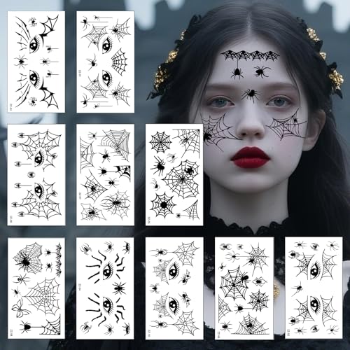 Tatuajes Temporales Arañas Halloween 10 Hojas Pegatinas Cara Halloween Telarañas Calcamonias Pegatinas Tatoo Halloween Araña Temporary Tattoo para Mascarada Carnaval Maquillaje Disfraz Fiesta Cosplay
