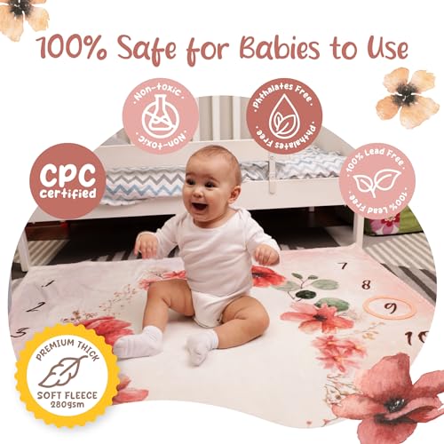 Image of KooKooBaby Monthly Baby Milestone Blanket, 47 inchx47 inch Premium Fleece Baby Milestone Blanket with Felt Marker, Floral Blush