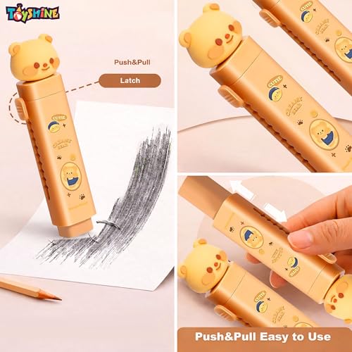 Image of Toyshine Cute Teddy Push-Pull Eraser for Kids | Cartoon Bear Design with Smooth Rubber with 1Refill Eraser | Fun School Stationery for Writing & Drawing | Ideal for School, Home Birthday Return Gifts
