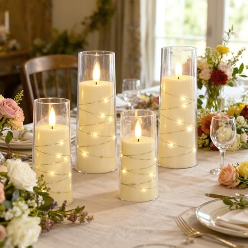 Image of Raycare Flameless Candle with Remote Timer - 5 Flickering Acrylic Battery Operated LED Pillar Candles with Embedded Star String for Halloween, Home Decor, and as a Gift(Ivory)