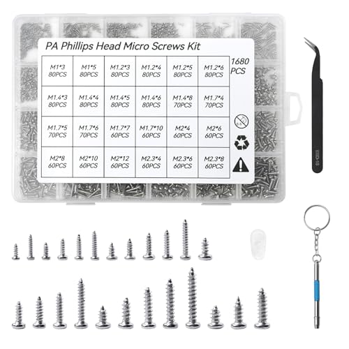 MSIHEY 1680 Selbstschneidend Schrauben Set, Mini Mikro Rundkopf Kreuzschlitz Schrauben Set, Brillenschrauben Set M1 - M2.3 Größen für Brillen, Uhren, Kameras, Laptops
