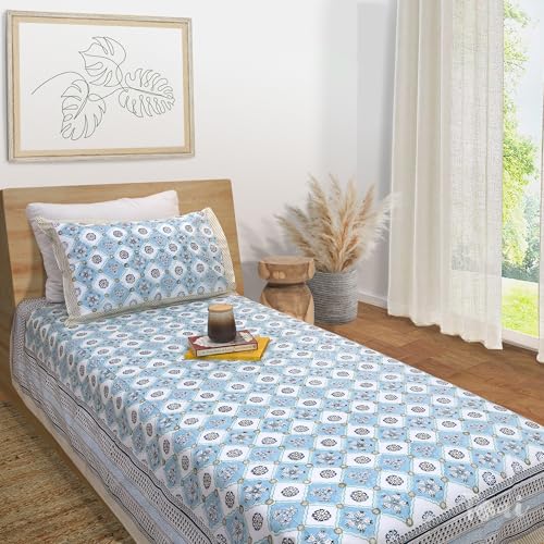 Image of TOAI Hand Block Printed Jaipuri Bedsheet | Bed Sheet Flatsheet | Pure Cotton | Single Bed 60 inchx90 inch | 300 TC Bedsheets | Includes 1 Pillow Cover |Small Blue Jaal