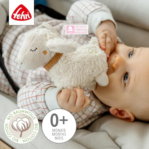 Fehn Mini-Schaf NATUR – Mini-Greifling aus Baumwolle aus biolgischem Anbau - Babyspielzeug zum Klingeln, Fühlen, Spielen mit kuschelweichem Stoff - Begleiter für Babys und Kleinkinder ab 0+ Monaten