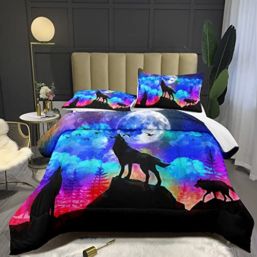 Bodhi Moon Night Howl Wolf Comforter Set King for Boys,Mens Galaxy Oil Painting Wolf Bedding Set Colorful Moonlight Wolf Comforter Set with Matching Pillowcases,1 Comforter+2 Pillow Shams #4005