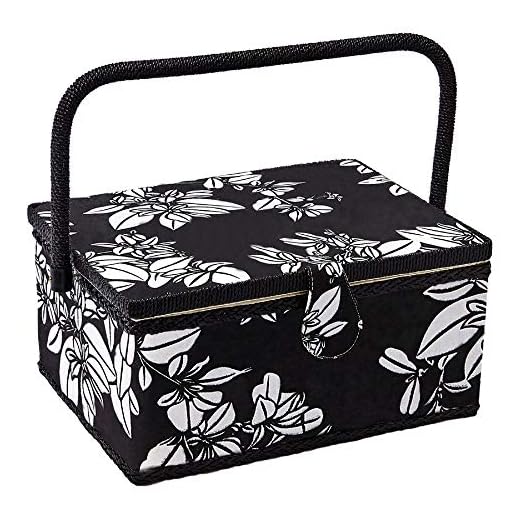 Sewing Basket with Floral Print Design - Sewing Kit Storage Box with Removable Tray, Built-in Pin Cushion and Interior Pocket - by Adolfo Design (Medium - 11" x 7" x 5.5", Hibiscus)