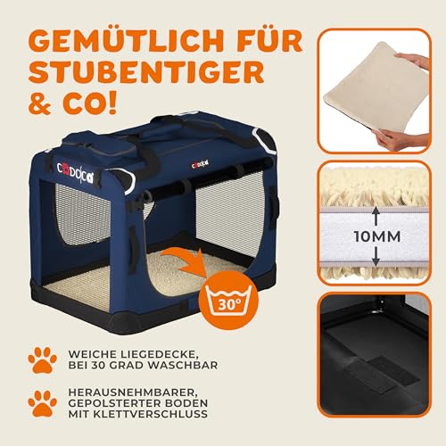 CADOCA® Hundebox faltbar Transportbox M 60x42x44cm robust atmungsaktiv Transporttasche Auto Rückbank Haustiertransportbox Hundetragetasche Navyblau