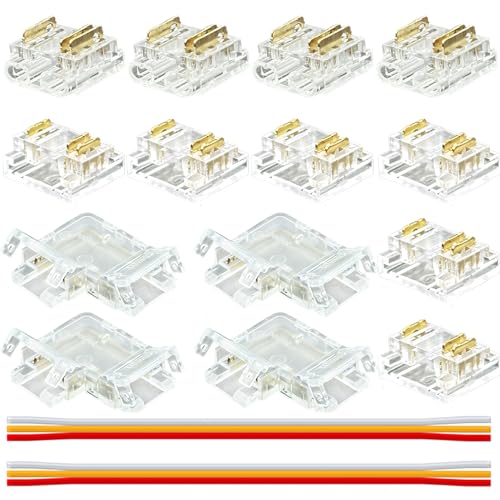 16pcs COB 3pin 10mm LED Conector Kit, 10pcs Transparent Empalme Tira 4pcs L en Forma 2pcs 15cm 22AWG Extensión para Soldadura Sin Ranura para Sala de Estar, Pasillo y Dormitorio