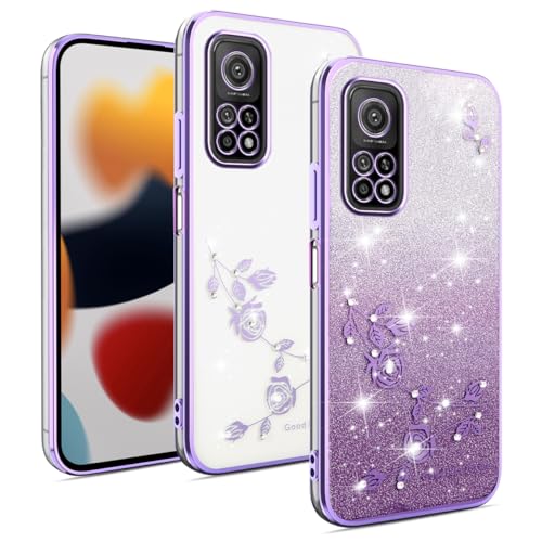 YUXING Cover Transparente Glitter per Xiaomi Mi 10T 5G / Mi 10T Pro 5G, Ragazze Donna Flora Motivo Custodia Bling Sottile, Antiurto Scintillante TPU Case (Purple)