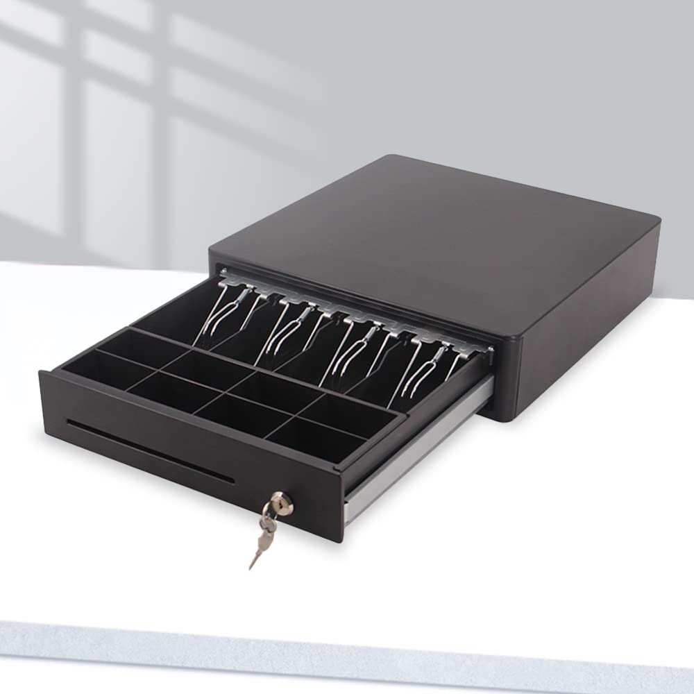 Cassetto porta denaro per registratore di cassa e stampante fiscale RT 4 banconote, 8 monete - struttura in acciaio, angoli smussati, con chiave ed apertura elettronica, nuovo design (Mod.350 - NERO)