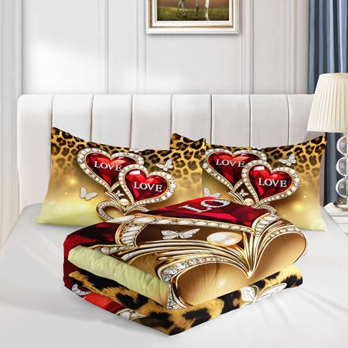 Image of AILONEN Romantic Love Heart Bedding Set Queen Size,Gold Leopard Print Comforter with 2 Pillowcases,3-Piece Red Jeweled Hearts Quilt Set for Lover Couple