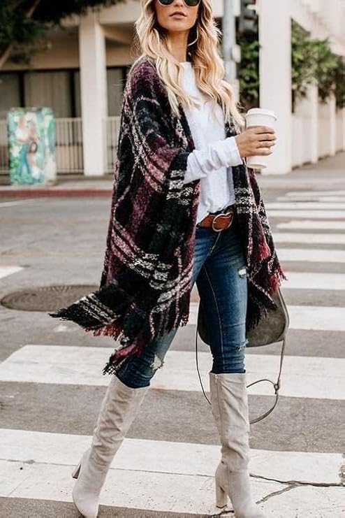 Image of Plaid Shawl Wrap for Women Boho Open Front Poncho Wrap Fall Winter