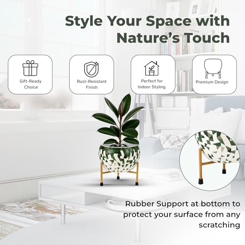 Image of Natural Earth Metal Flower Vase Planter Pot with Iron Stand | Decorative Plant Cachepot for Indoor & Outdoor Use | Succulent Pot for Home & Garden Decor (Apple Green)