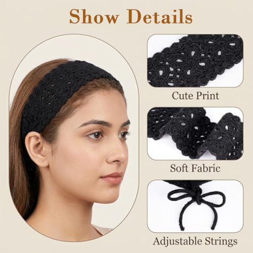 Image of MAYCREATE 3 Pack Crochet Headbands for Women Pretty Boho Knit Floral Hair Wrap with Adjustable Tie Up Design for Daily Wear Traveling and Parties Use
