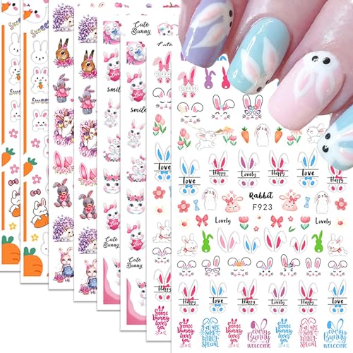 Easter Nail Art Stickers 8 Sheets Spring 3D Self-Adhesive Nail Decals Cute Bunny Flower Designs Nail Decorations Pink Bow Rabbit Hedgehog DIY Nail Supplies Easter Nail Accessories for Women Kids