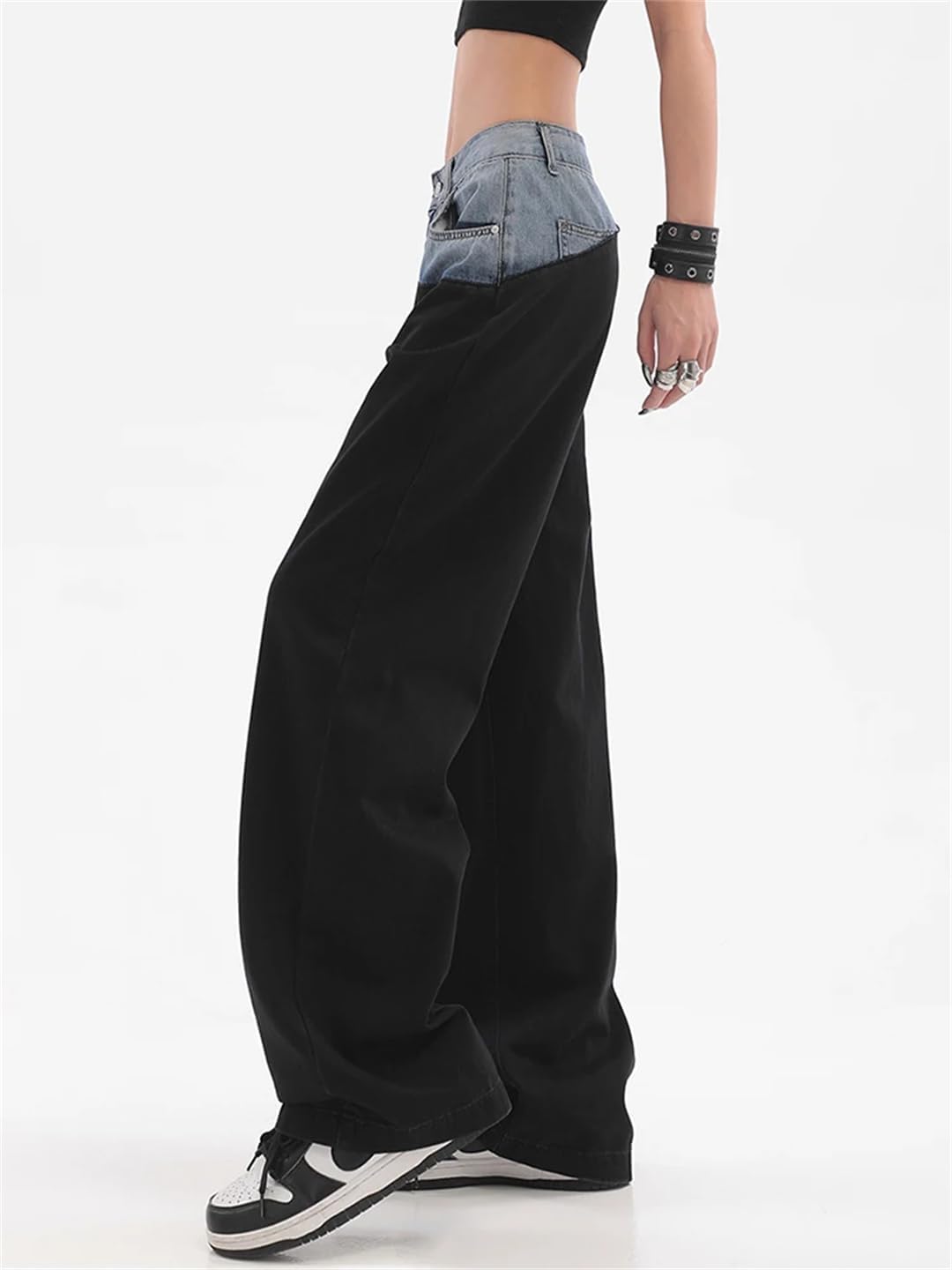 Women Color Block Wide Leg Denim Pants Patchwork Casual High Waist Baggy Jeans Vintage
