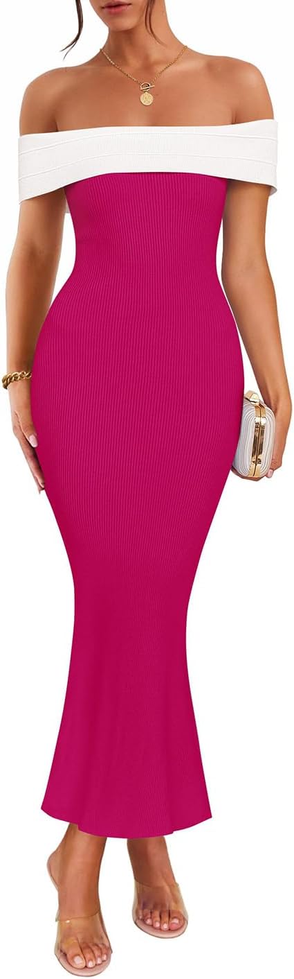 ZESICA Women's 2025 Summer Off The Shoulder Ribbed Knit Sweater Dresses Sleeveless Color Block Party Bodycon Maxi Dress Rose Small