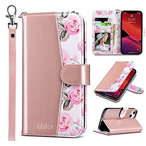 ULAK Compatible with iPhone 13 Wallet Case, Women PU Leather Shockproof Protective Folio Flip Cover with Card Holder Kickstand 6.1 inch, Pink Flower