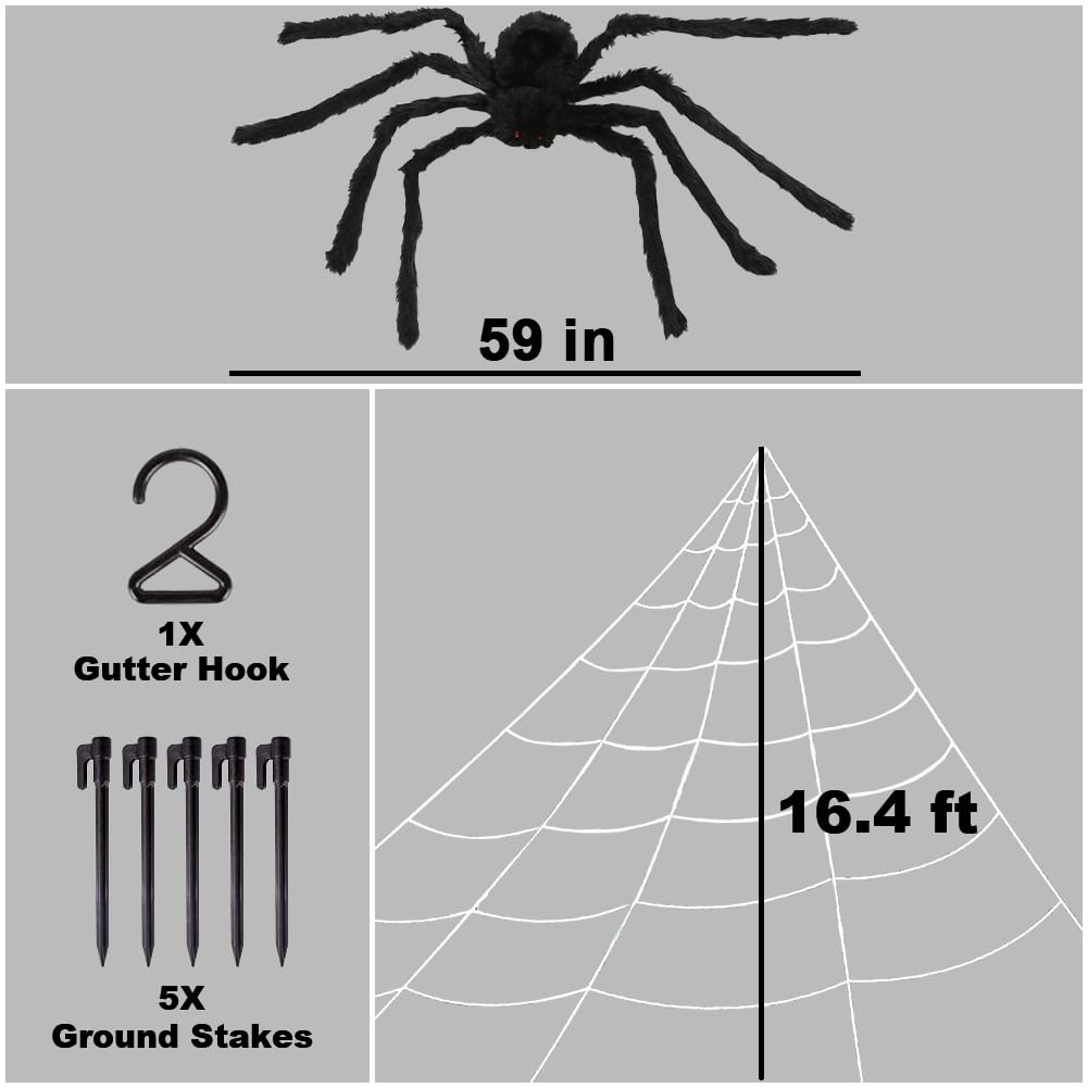 Ragnatela di Halloween da 508 cm + decorazioni di ragno gigante da 124,5 cm, ragno finto nero con enorme ragnatela triangolare per interni ed esterni, decorazioni di Halloween, cortile, giardino,